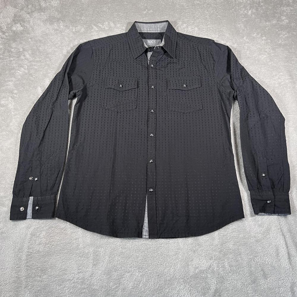 BKE Shirt Mens Medium Black Standard Fit‎ Long Sleeve Patterned Button Front
